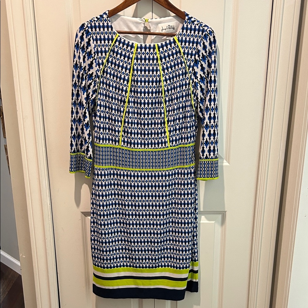 Joseph Ribkoff Blue Geometric Print Dress Lime Trim Size 10